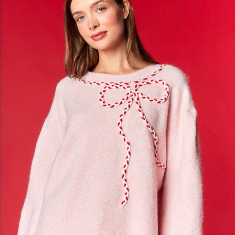 Rareraw Sweater in Pink with Candy Cane Bow. Recycled Finer Blend. NWT - Picture 10 of 16